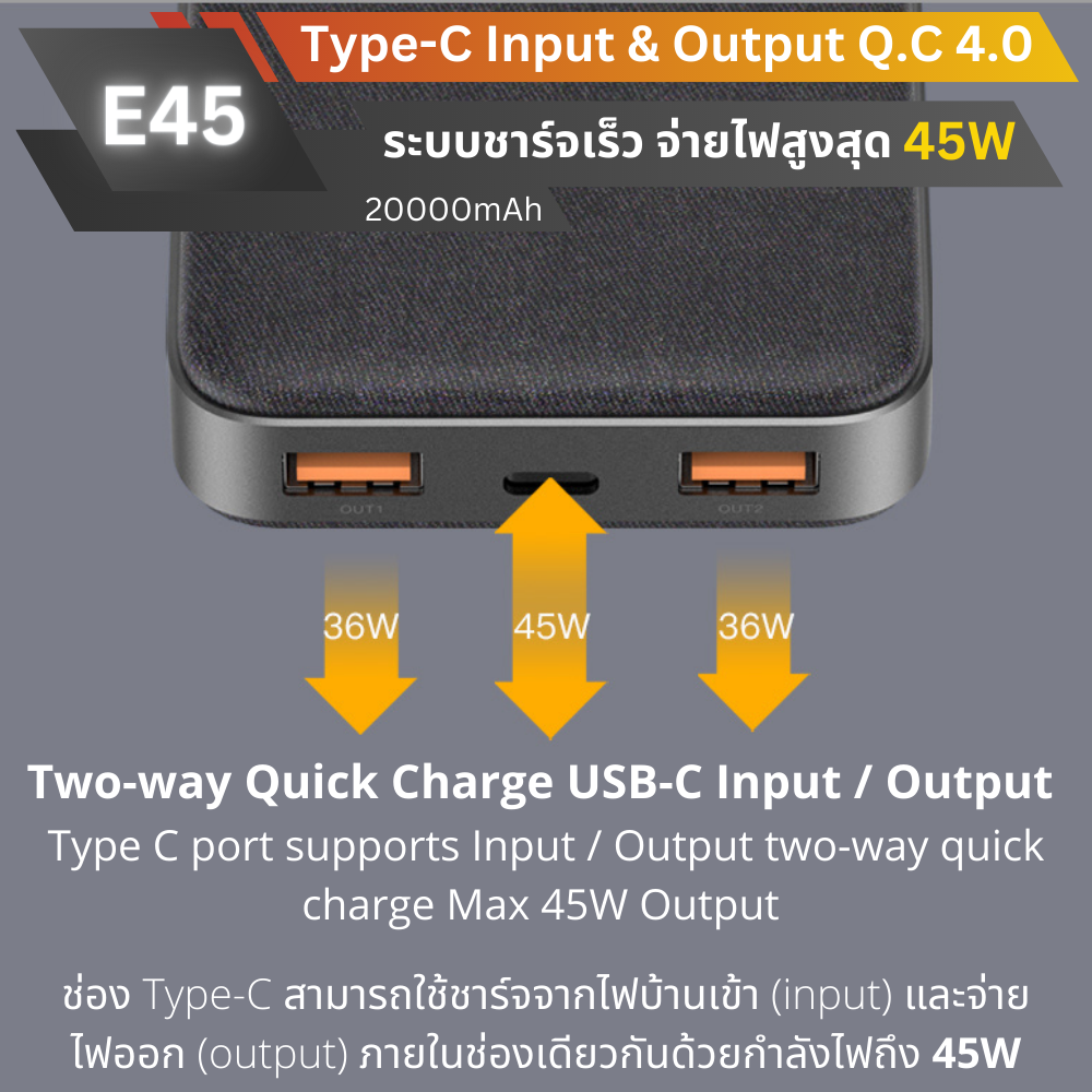 Top! E45 Powerbank 20000mAh Super Fast charge QC4.0 PD 45W จัดส่งฟรี!