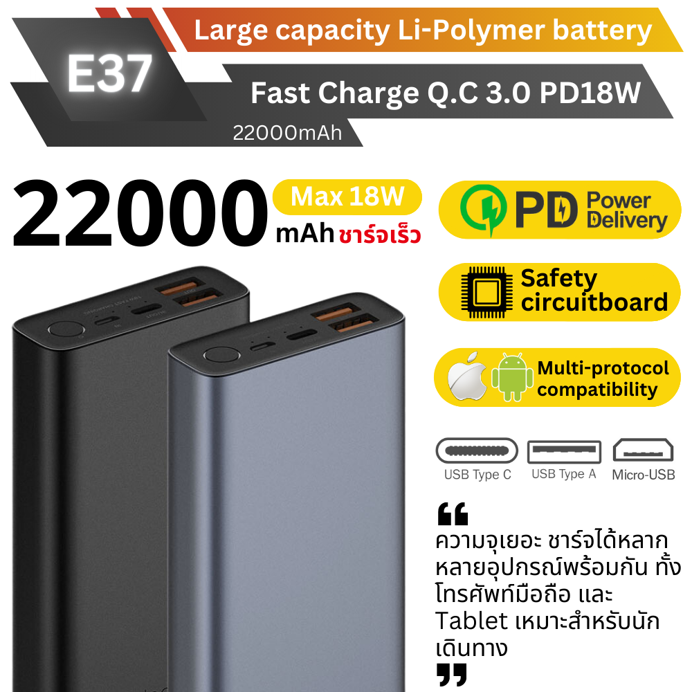 E37 22000 mAh สีเทา / Grey แถมซอง & สายชาร์จ จัดส่งฟรี!