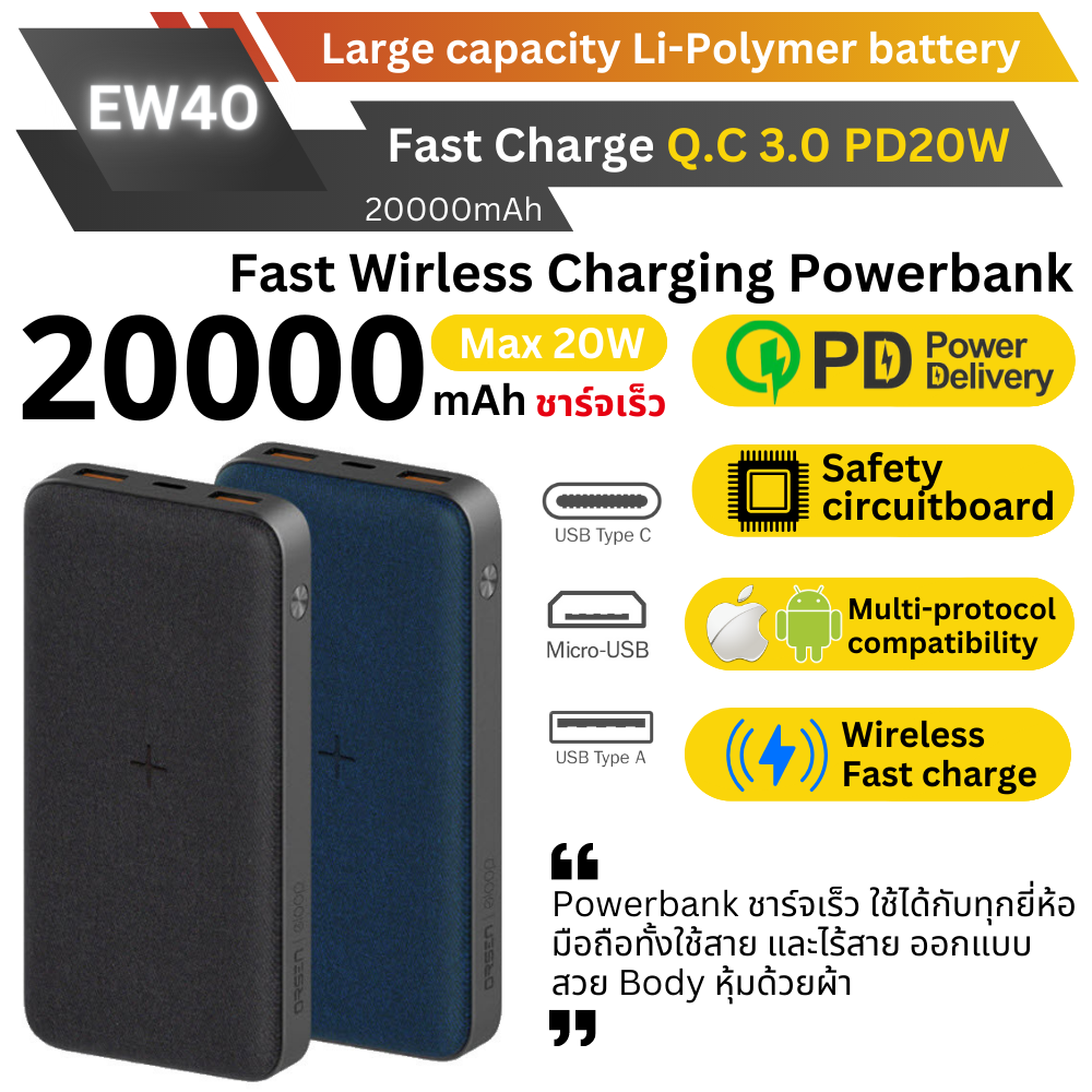 EW40 Powerbank 20000mAh Fast Charge QC3.0 PD 20W สีดำ / Black สินค้าส่งฟรี!