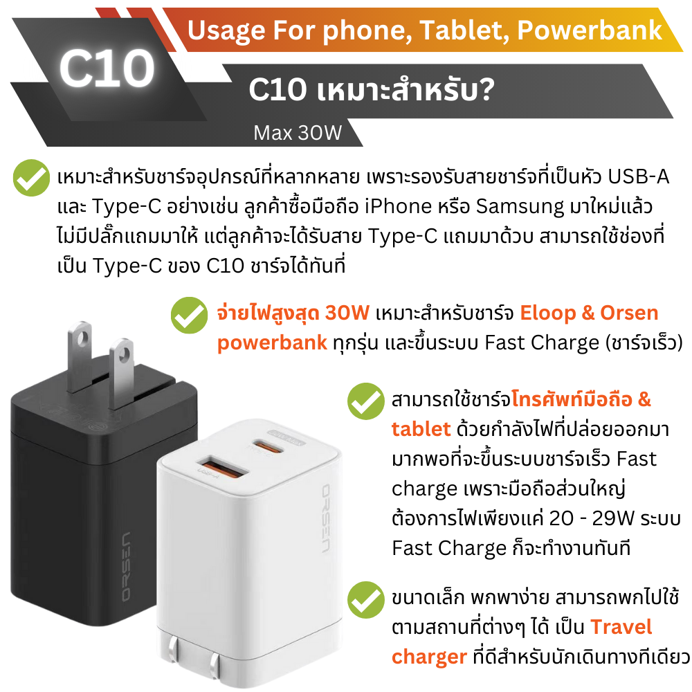 ADAPTER ELOOP C10 PD 30W / QC 3.0 Fast Charge อะแดปเตอร์ สีดำ / Black จัดส่งฟรี!