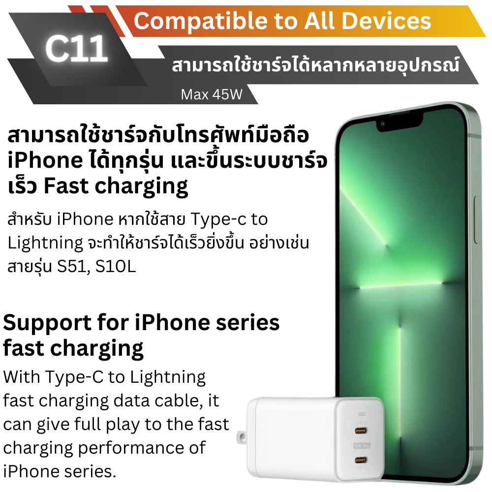 ADAPTER ELOOP C11 GaN PD 45W QC 4.0 Fast Charge อะแดปเตอร์ สีขาว White จัดส่งฟรี!