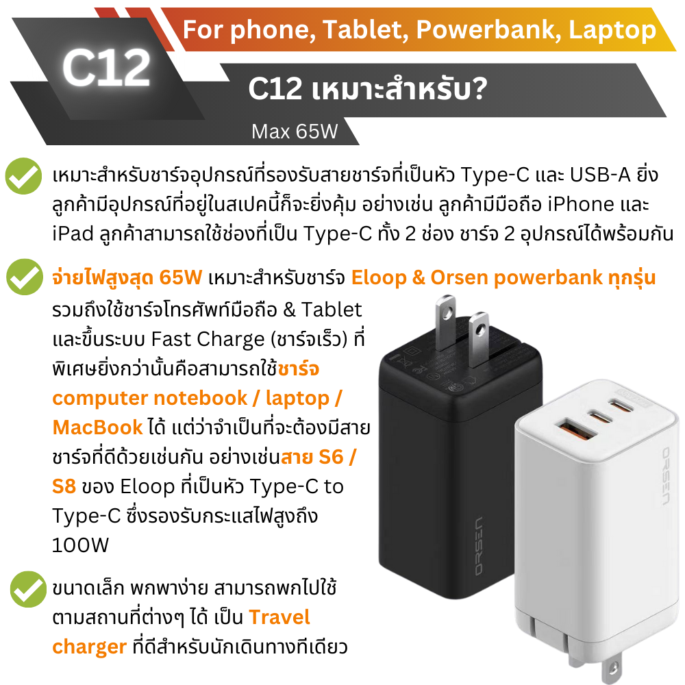 ADAPTER ELOOP C12 GaN PD 65W / QC 4.0 Fast Charge อะแดปเตอร์ สีดำ Black จัดส่งฟรี!