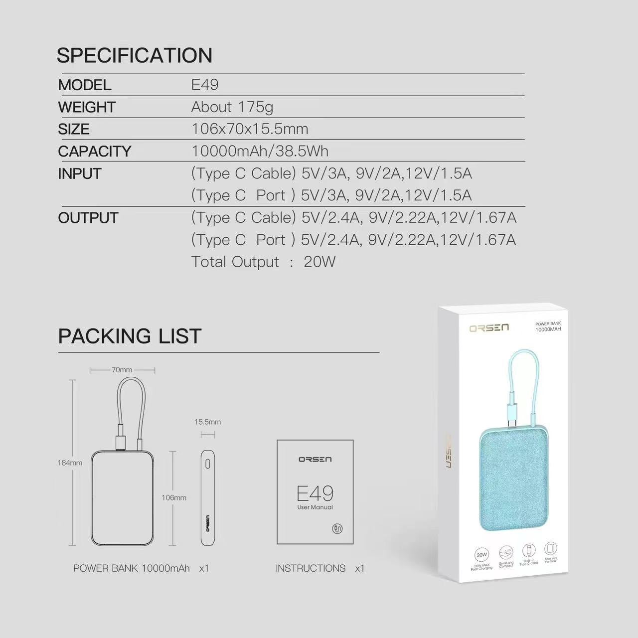 New Upgrade! E49 Line Powerbank 10000mAh มีสายในตัว!