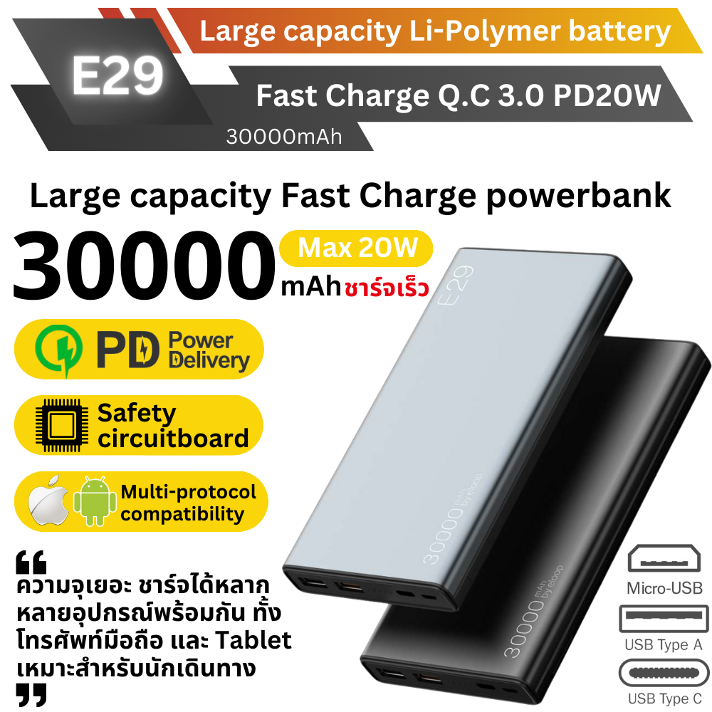 E29 powerbank 30000mAh Eloop & Orsen พาวเวอร์แบงค์