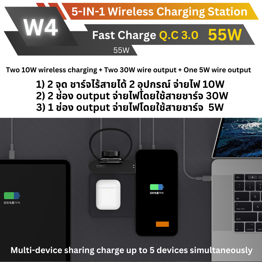 W4 แท่นชาร์จเร็วไร้สาย 5 in 1 Fast Wireless Charger QC3.0 PD 55W ส่งฟรี!