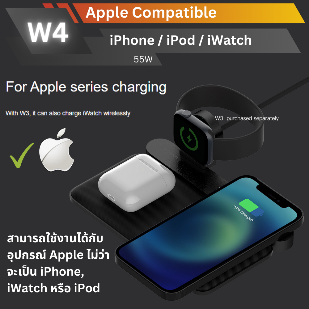 W4 แท่นชาร์จเร็วไร้สาย 5 in 1 Fast Wireless Charger QC3.0 PD 55W ส่งฟรี!