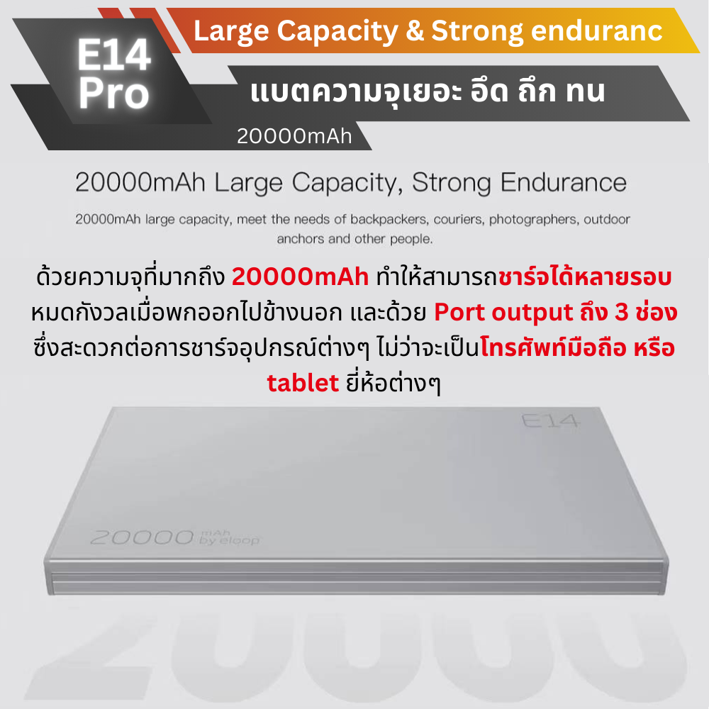 ใหม่ upgrade! E14 PRO 20000mAh Fast Charge QC3.0 PD 20W แถมซอง & สายชาร์จ สินค้าส่งฟรี!