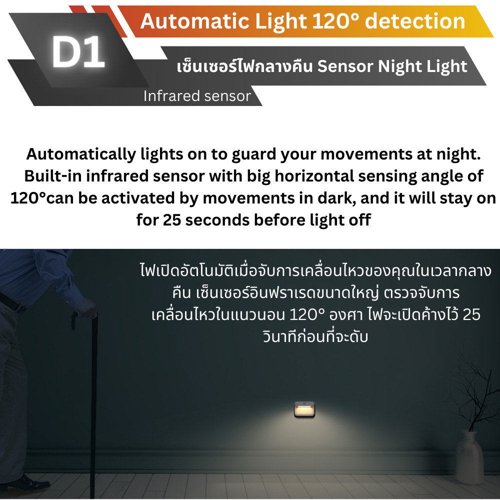 D1 ไฟเซ็นเซอร์กลางคืนไร้สาย  ตรวจจับความเคลื่อนไหว