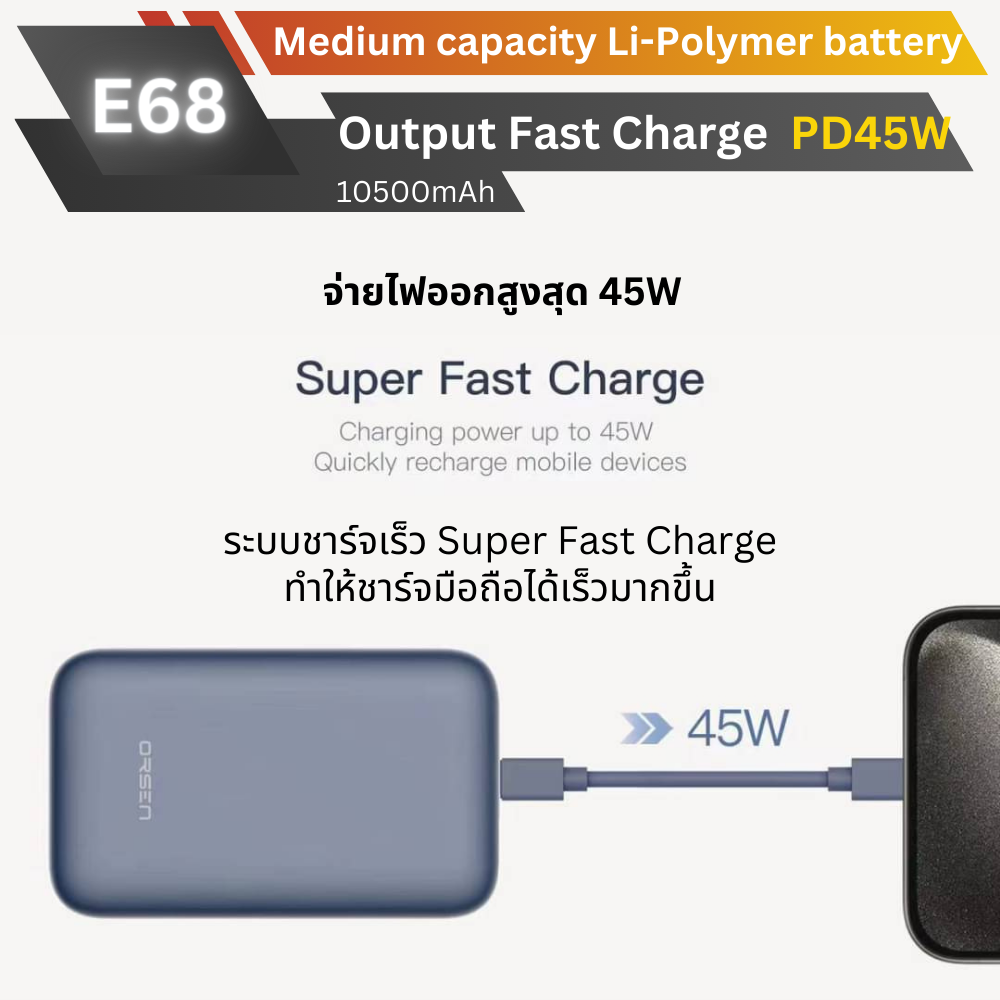 ใหม่! E68 Powerbank 10500mAh Fast Charge PD 45W มีสายในตัว!