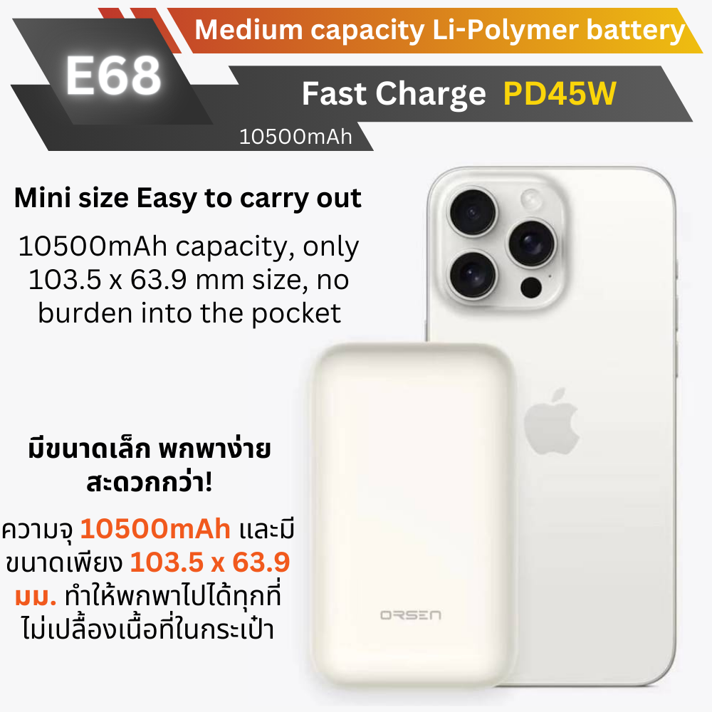 ใหม่! E68 Powerbank 10500mAh Fast Charge PD 45W มีสายในตัว!