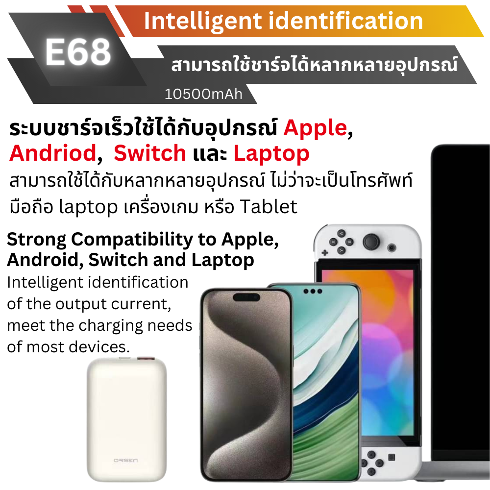 ใหม่! E68 Powerbank 10500mAh Fast Charge PD 45W มีสายในตัว!