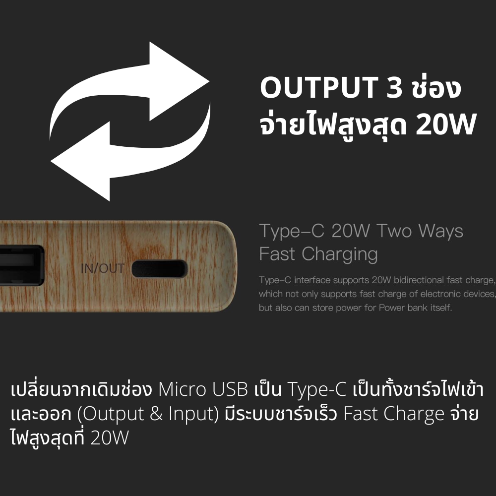 ใหม่ upgrade! E12 PRO 11000mAh PD 20W สีลายไม้ / Wood แถมซอง & สายชาร์จ จัดส่งฟรี!