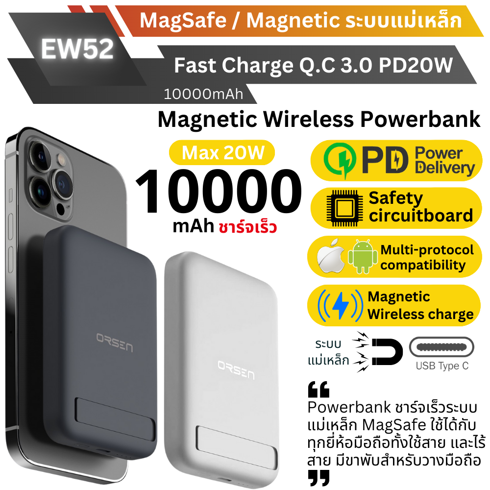 MagSafe! EW52 Magnetic Powerbank 10000mAh Fast charge PD 20W สีขาว White