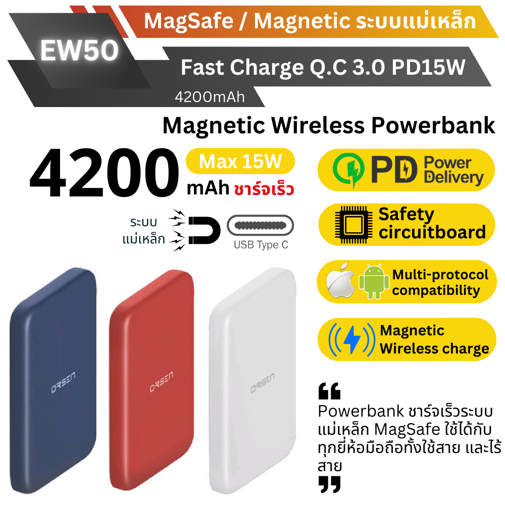 MagSafe! EW50 Magnetic Powerbank 4200mAh Fast charge PD 15W สีแดง